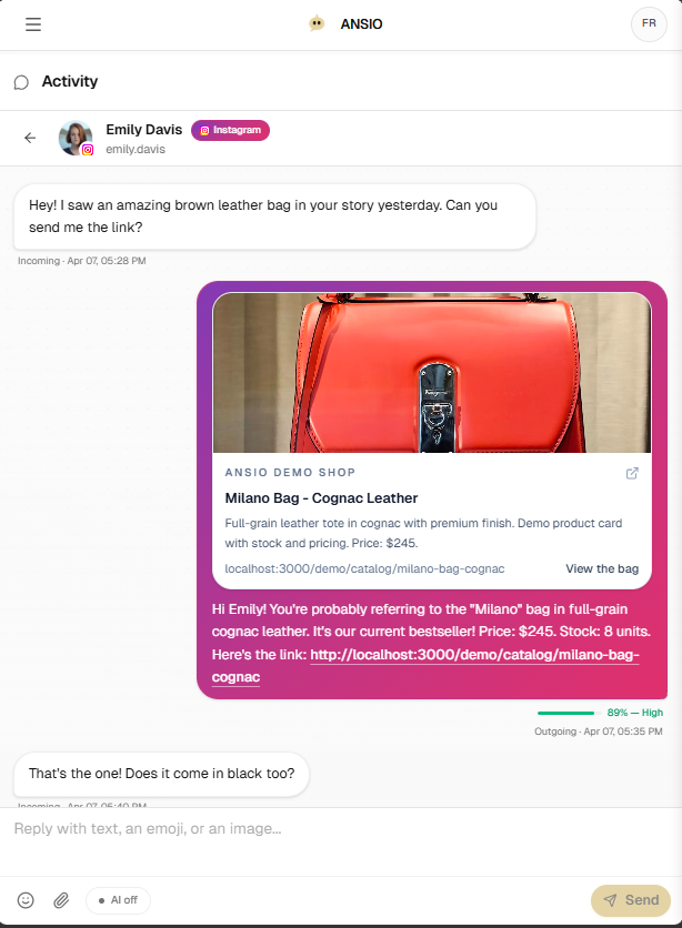 Conversations Instagram dans le tableau de bord Ansio